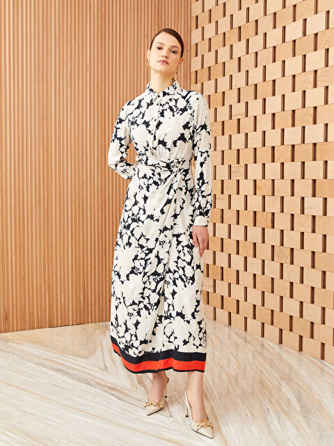 LCW Modest Shirt Collar Floral Long Sleeve Satin Women's Dress - S3EF36Z8-LQJ