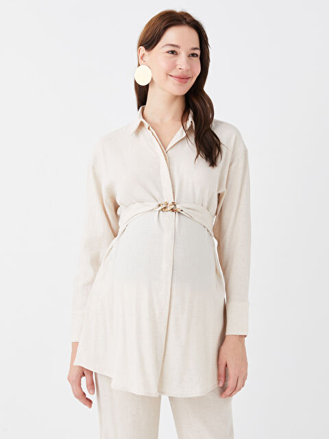 LCWAIKIKI Maternity Düz Uzun Kollu Keten Karışımlı Hamile Gömlek Tunik - S3EG69Z8-L8Q