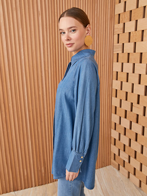 LCW Modest Collared Neck Plain Long Sleeve Women's Denim Tunic - S3EJ09Z8-H45