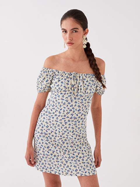 LCW Vision Kayık Yaka Çiçekli Kısa Kollu Kadın Elbise