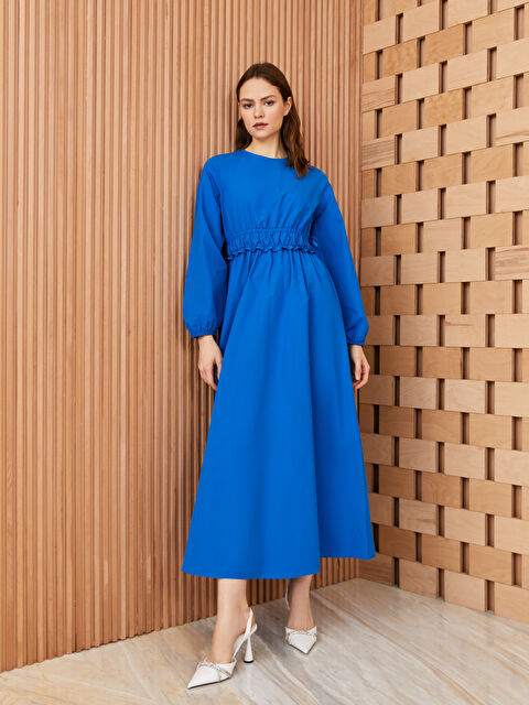 LCW Modest Bisiklet Yaka Düz Uzun Kollu Poplin Elbise