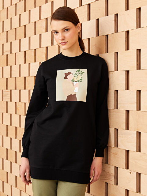 LCW Modest Crew Neck Printed Long Sleeve Women's Sweatshirt Tunic - S3FE33Z8-RQN