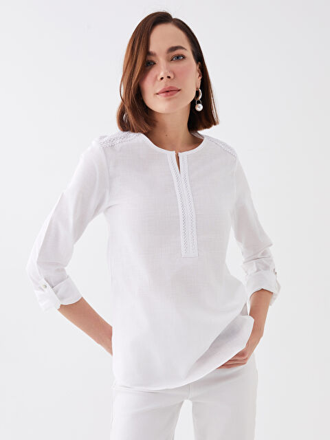 LCW Grace Henley Neckline Lace Detailed Long Sleeve Poplin Women's Blouse - S3FS26Z8-EEW
