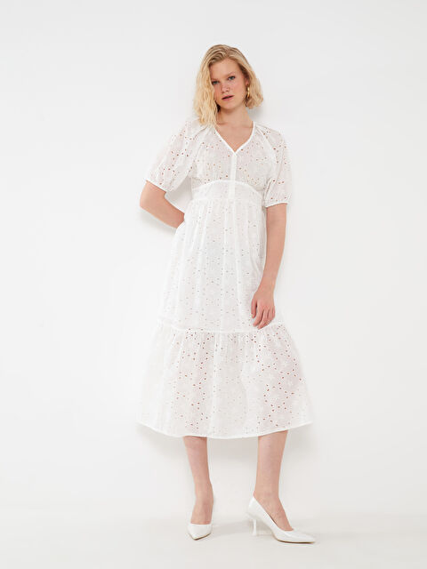 LCW Vision V-Neck Self Patterned Short Sleeve Embroidered Women's Dress - S3G522Z8-E5X