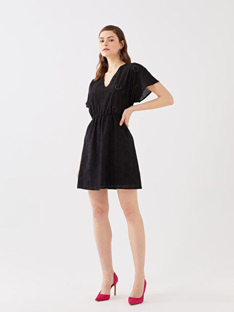 LCW Vision V-Neck Self Patterned Short Sleeve Embroidered Women's Dress - S3G577Z8-CVL