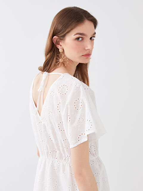 LCW Vision Women's V Neck Patterned Short Sleeve Broderie Dress - S3G577Z8-E5X