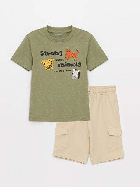 LCW baby Crew Neck Printed Short Sleeve Baby Boy T-Shirt and Shorts 2-Pack Set - S3GC77Z1-GUY