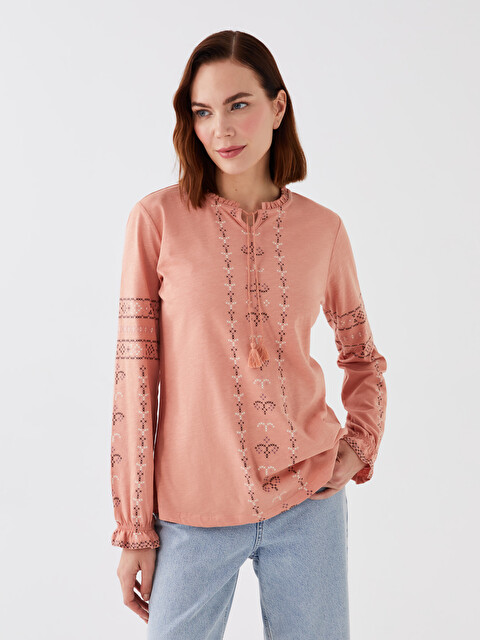 LCW Grace Tie Neck Printed Long Sleeve Women's Blouse - S3GL06Z8