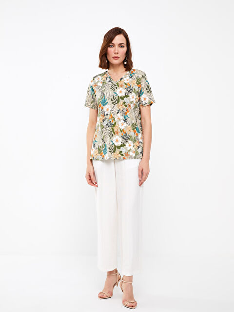 LC Waikiki V-Neck Patterned Short Sleeve Women's T-Shirt