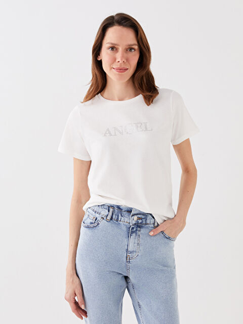 LCWAIKIKI Classic Crew Neck Rhinestone Embellished Short Sleeve Women's T-Shirt - S3GS47Z8-FEW