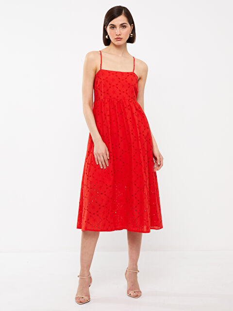 LCW Vision Square Collar Self Patterned Strap Embroidered Women's Dress - S3GY13Z8-GYE