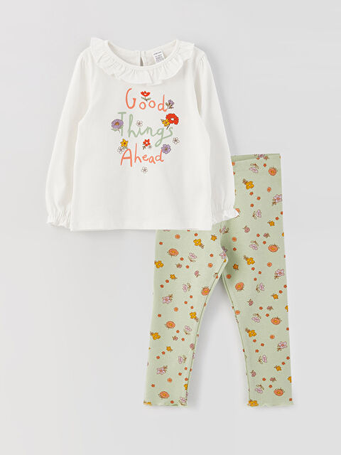 LCW baby Crew Neck Long Sleeve Printed Baby Girls' T-Shirt and Tights 2 Pack Set - S3GY93Z1-R9J