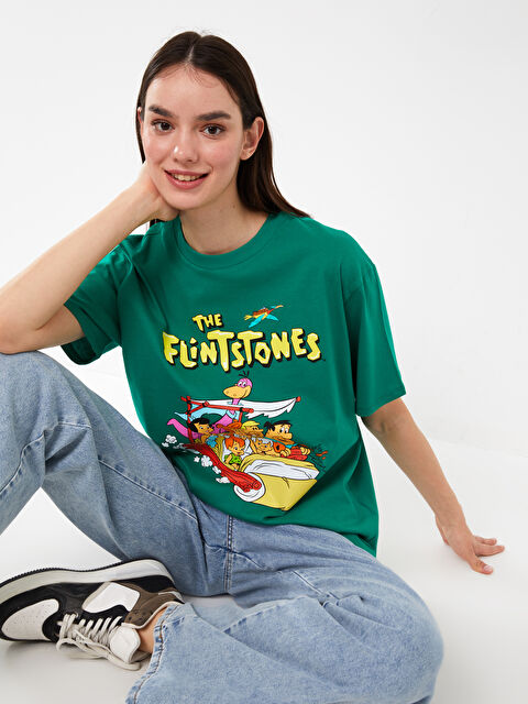 LCW Vision Crew Neck The Flintstones Printed Short Sleeve Oversize Women's T-Shirt - S3H219Z8-KVF