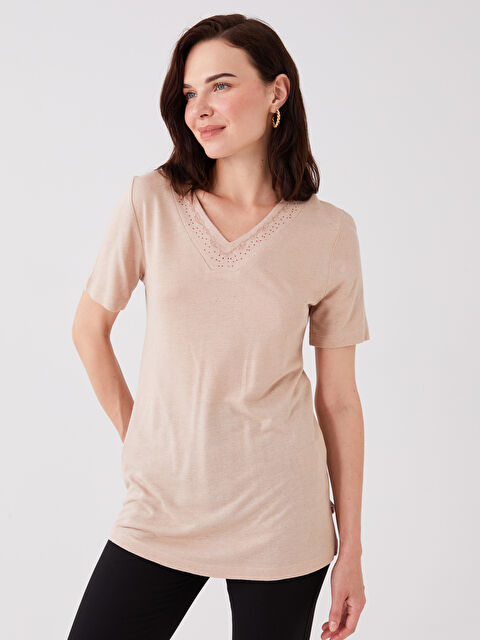 LCW Grace Әйелдерге арналған v жағалы кестеленген қысқа жең блузка - S3H290Z8-FLU