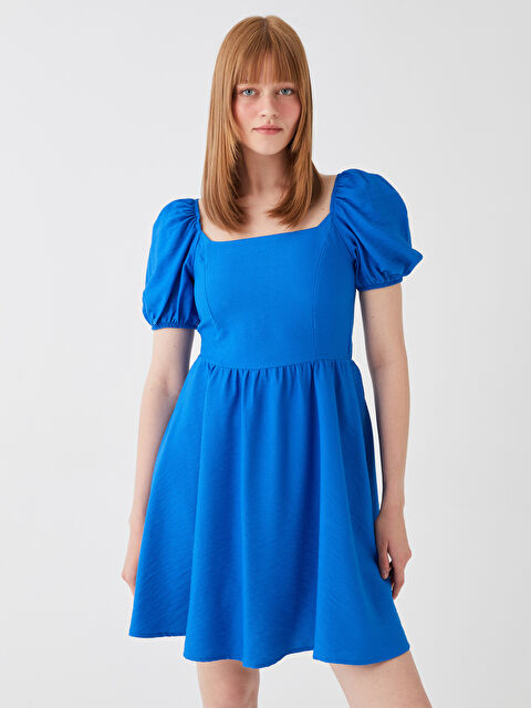 LCW Vision Square Collar Plain Short Sleeve Linen-Look Women's Dress - S3H746Z8-H2P