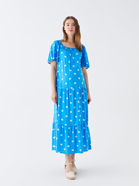 LCWAIKIKI Maternity Kayık Yaka Çiçekli Kısa Kollu Poplin Hamile Elbise - S3H790Z8-LQQ