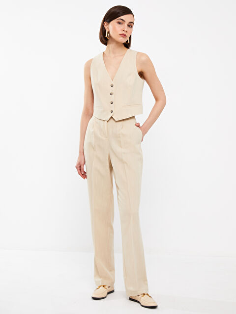 LCW Vision High Waist Comfortable Fit Straight Linen Blend Women's Trousers - S3H808Z8-FWS