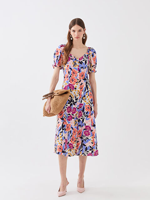 LCW Vision Kalp Yaka Çiçekli Kısa Kollu Kadın Elbise - S3HC61Z8-F9C