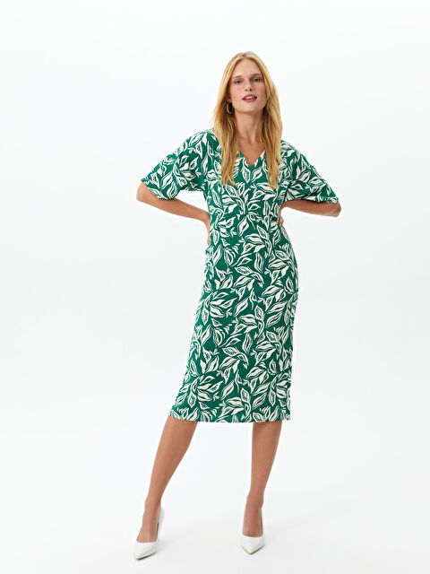 LCW Vision V-Neck Patterned Short Sleeve Women's Bodycon Dress - S3HC71Z8-LRR