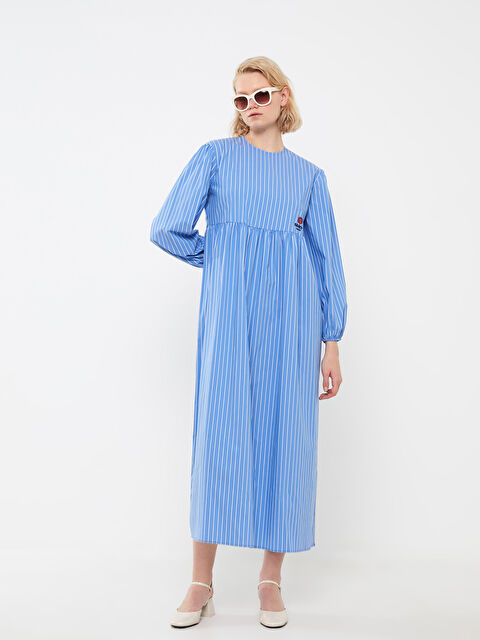 LCW Modest Bisiklet Yaka Çizgili Uzun Kollu Poplin Kadın Elbise - S3HH01Z8-LQK
