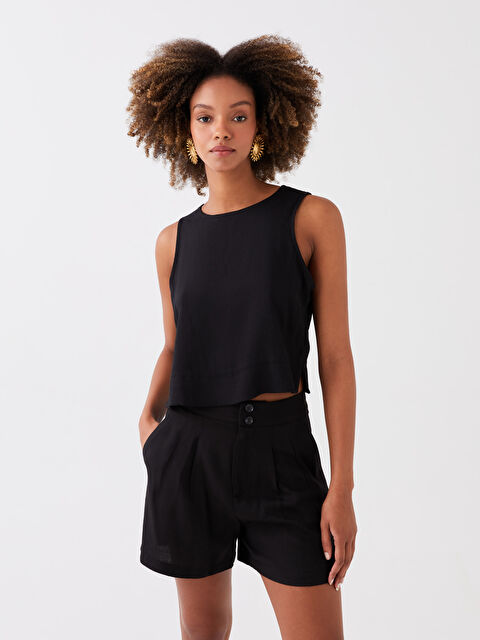 LCW Vision Bisiklet Yaka Düz Crop Keten Karışımlı Kadın Bluz - S3HH49Z8-CVL