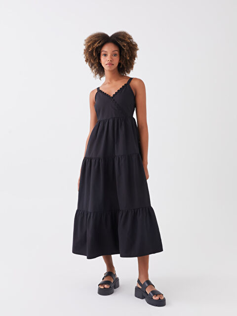 LCW Vision Siyah Kruvaze Yaka Düz Askılı Poplin Kadın Elbise