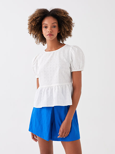 LCW Vision Crew Neck Patterned Short Sleeve Brode Women's Blouse - S3HH81Z8-FEU