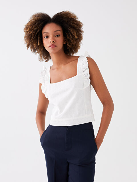 LCW Vision Square Neck Self Patterned Brode Crop Women's Blouse - S3HH85Z8-FEU