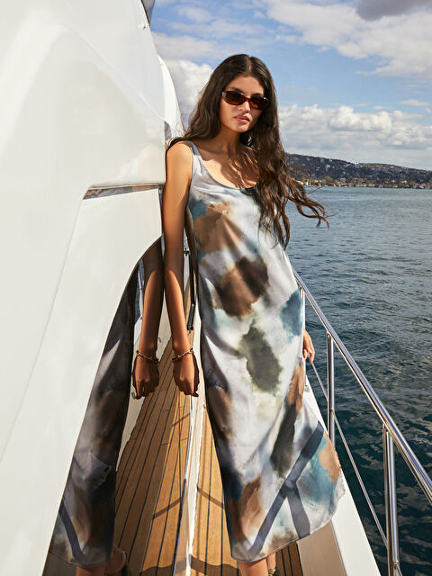 LCW Vision U-Neck Batik Patterned Satin Dress - S3HI86Z8-F9C