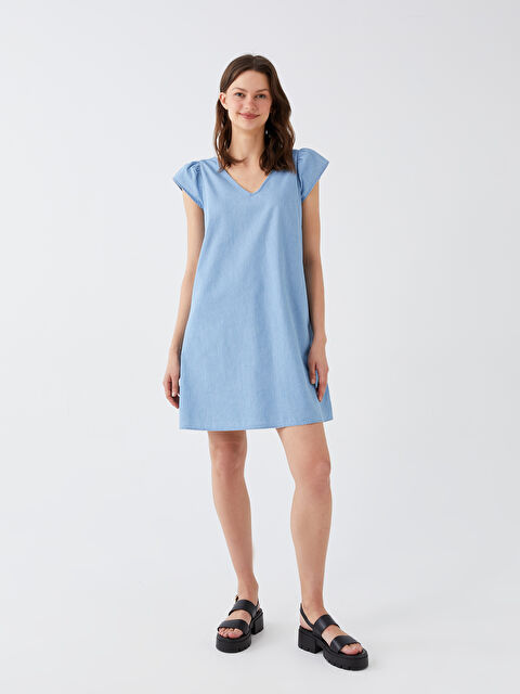 LCW Vision V Neck Plain Short Sleeve Women's Denim Dress - S3HJ79Z8-311