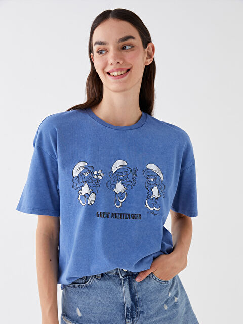 LCW Vision Crew Neck Smurfs Printed Short Sleeve Women's T-Shirt - S3HL97Z8-466