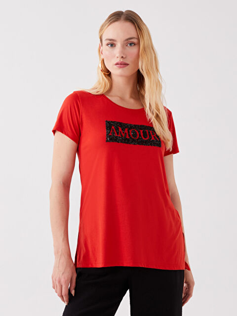 LCWAIKIKI Classic Crew Neck Sequin Embroidered Short Sleeve Women's T-Shirt - S3HR41Z8-JSV