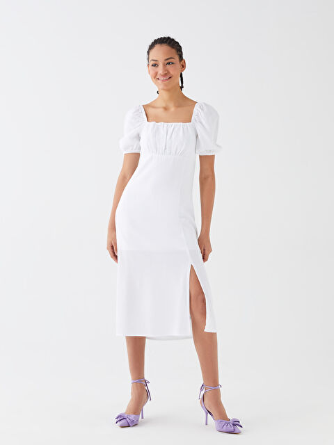 LCW Vision Square Collar Plain Short Sleeve Linen Blend Women's Dress - S3HR61Z8-V6W