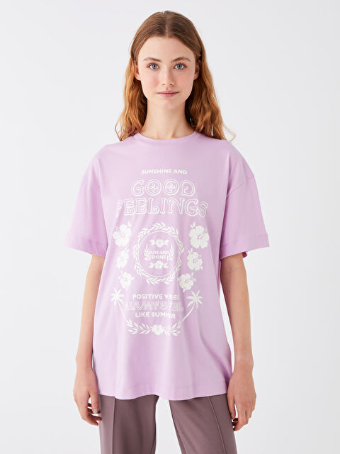 LCW Modest Crew Neck Printed Short Sleeve Oversize Women's Tunic - S3I194Z8-FGL