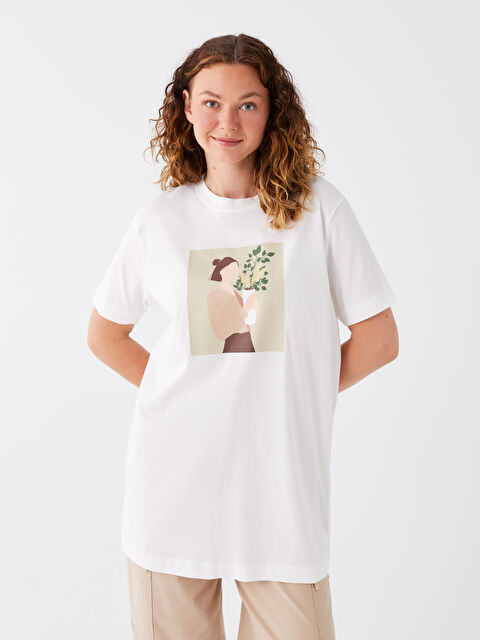 LCW Modest Crew Neck Printed Short Sleeve Oversize Women's Tunic - S3I196Z8-R9J