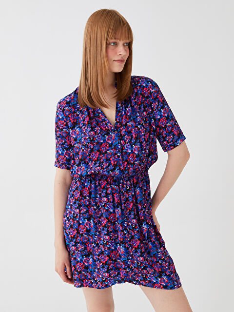 LCW Vision Kaçık Yaka Çiçekli Kısa Kollu Kadın Gömlek Elbise - S3I460Z8-F9C