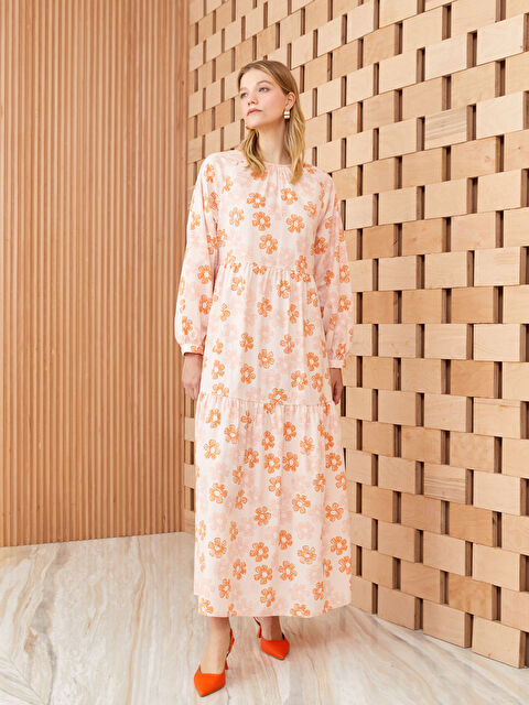 LCW Modest Crew Neck Floral Long Sleeve Women's Dress - S3I553Z8-KTU