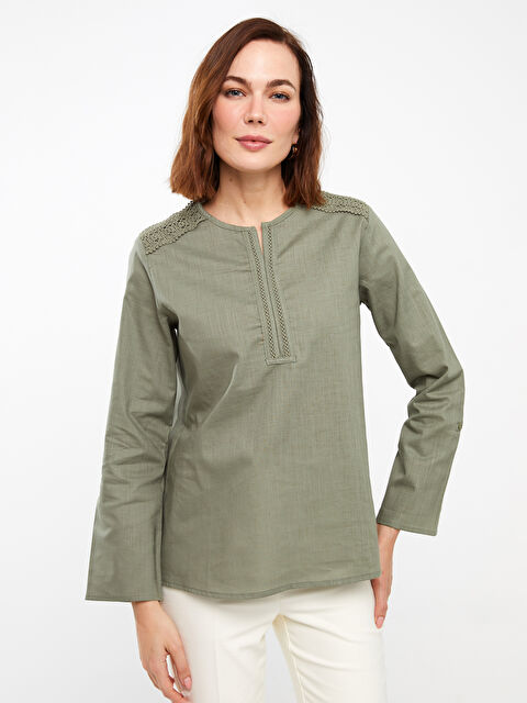 LCW Grace Henley Neckline Lace Detailed Long Sleeve Poplin Women's Blouse - S3I582Z8-FJY