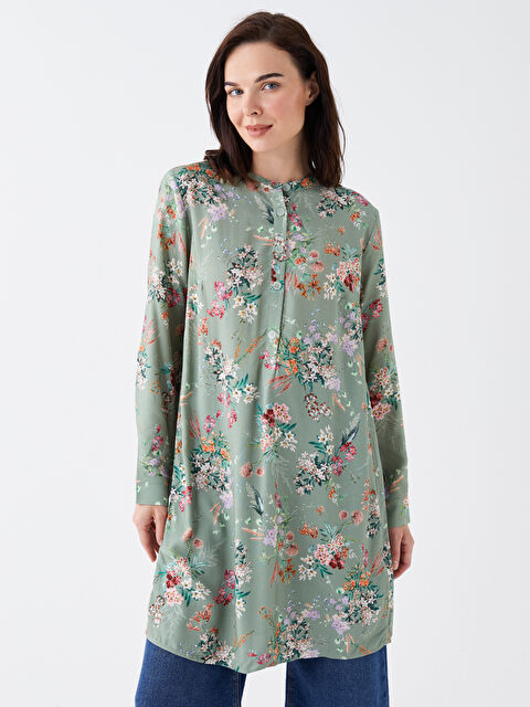 LCW Grace Grandad Collar Floral Long Sleeve Women's Tunic - S3I611Z8-LRR