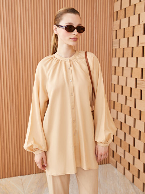 LCW Modest Grandad Collar Long Sleeve Linen Blend Women's Tunic - S3I699Z8-VDF