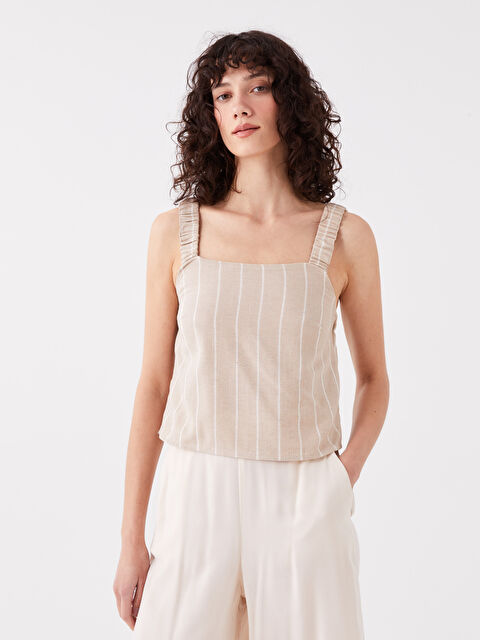 LCW Vision Kare Yaka Çizgili Askılı Keten Karışımlı Kadın Bluz - S3IA53Z8-LE8