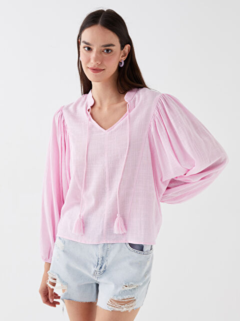 LCW Vision Tie Neck Plain Long Sleeve Oversize Women's Blouse - S3IF65Z8-R28