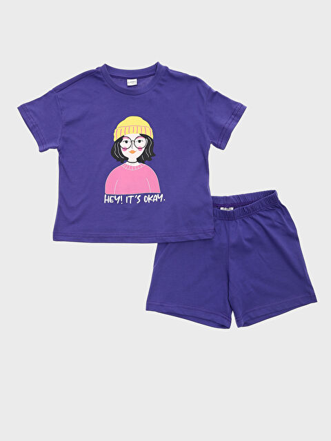 LCW Kids Crew Neck Printed Short Sleeve Girls' Pyjama Set with Shorts - S3IR84Z4-HNW