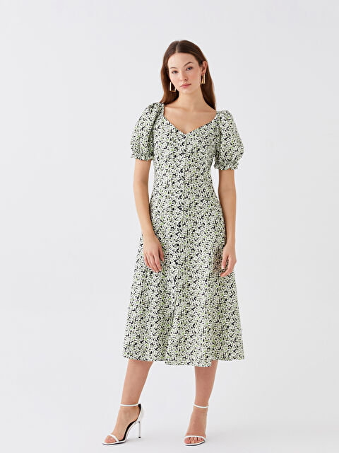 LCW Vision Kalp Yaka Desenli Kısa Kollu Keten Görünümlü Kadın Elbise - S3JN90Z8-LQJ