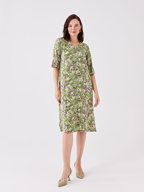 LCW Grace V-Neck Floral Short Sleeve Dress - S3KB15Z8-F9C
