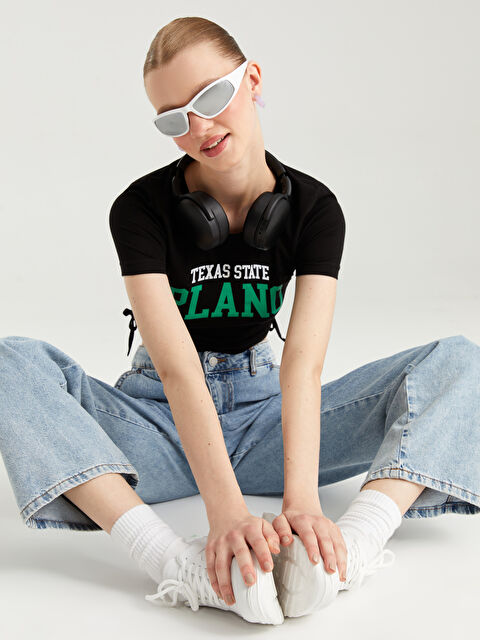 14-18 Bisiklet Yaka Baskılı Genç Kız Crop Tişört - S3KB73Z4-CVL