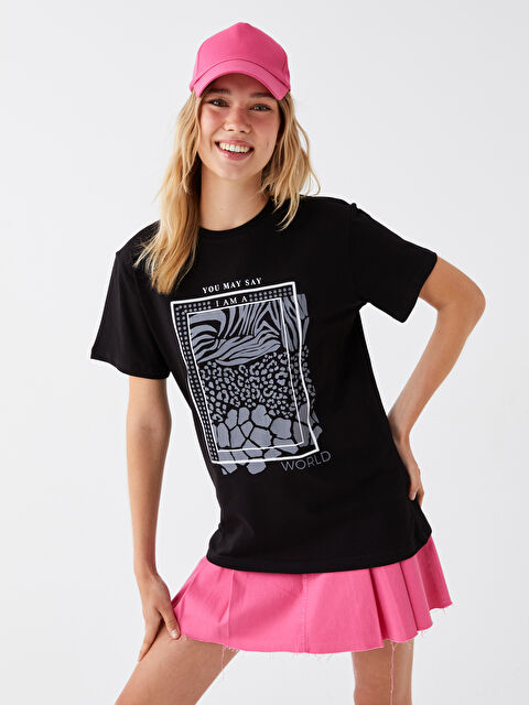 LC WAIKIKI Bisiklet Yaka Baskılı Kısa Kollu Kadın Tişört - S3KC96Z8-CVL