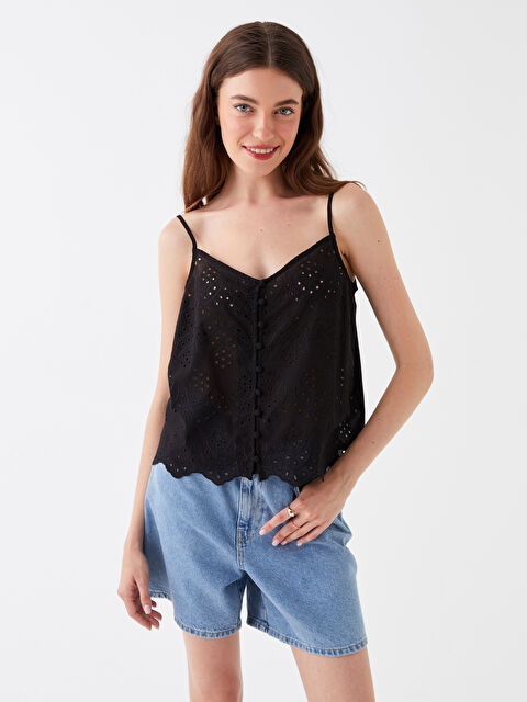 LCW Vision V Yaka Kendinden Desenli Askılı Crop Kadın Bluz