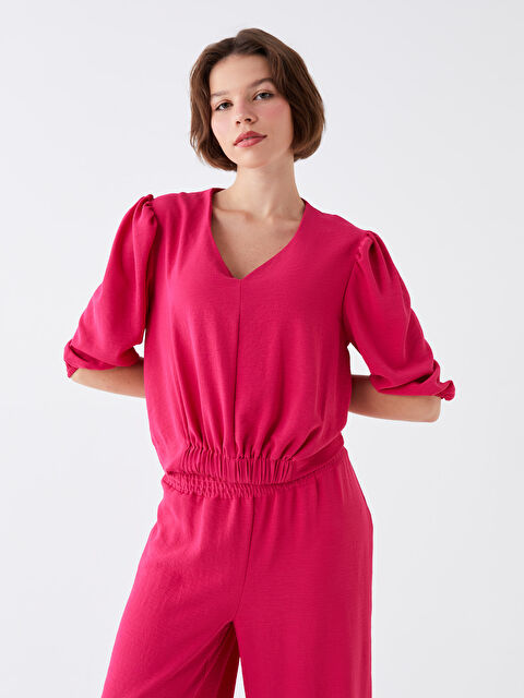 LCW Vision بلوزة نسائية بياقة على شكل حرف V وكم قصير وسادة - S3KV66Z8-HUB