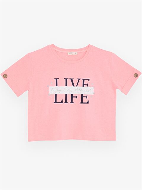 Breeze Bisiklet Yaka Baskılı Kısa Kollu Kız Çocuk Tişört - S3KY86Z4-DUA